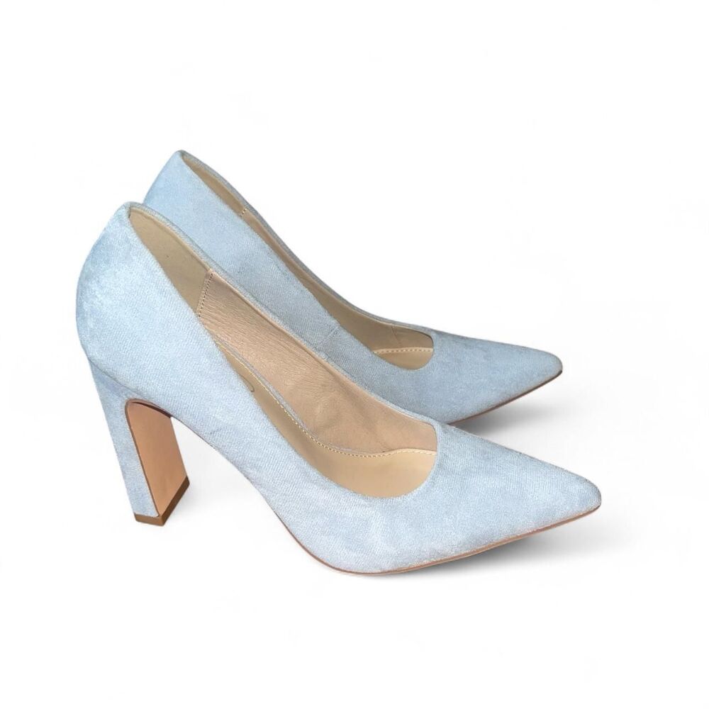 London Rag Women's Dusty Blue Velvet Pump Block Heels SZ 9.5